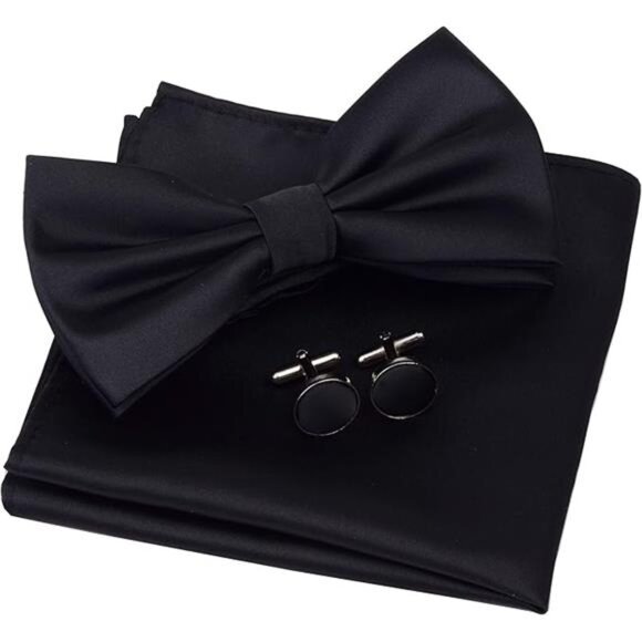 Mens Solid Color Double Fold Pre-tied Bow Tie and Pocket Square Cufflink Set - Picture 8 of 8